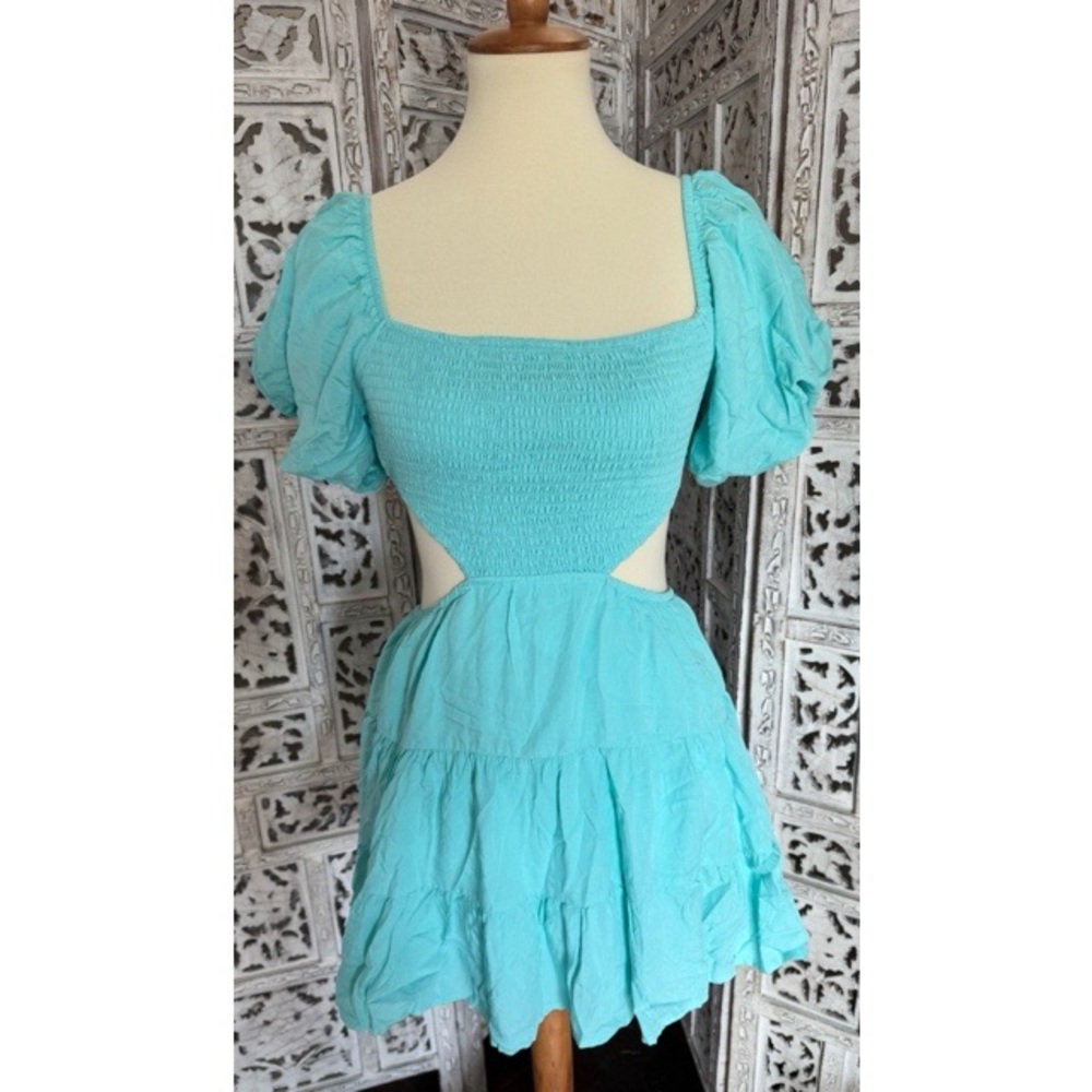 Elegant Blue Puff Sleeve Dress- Size Large
